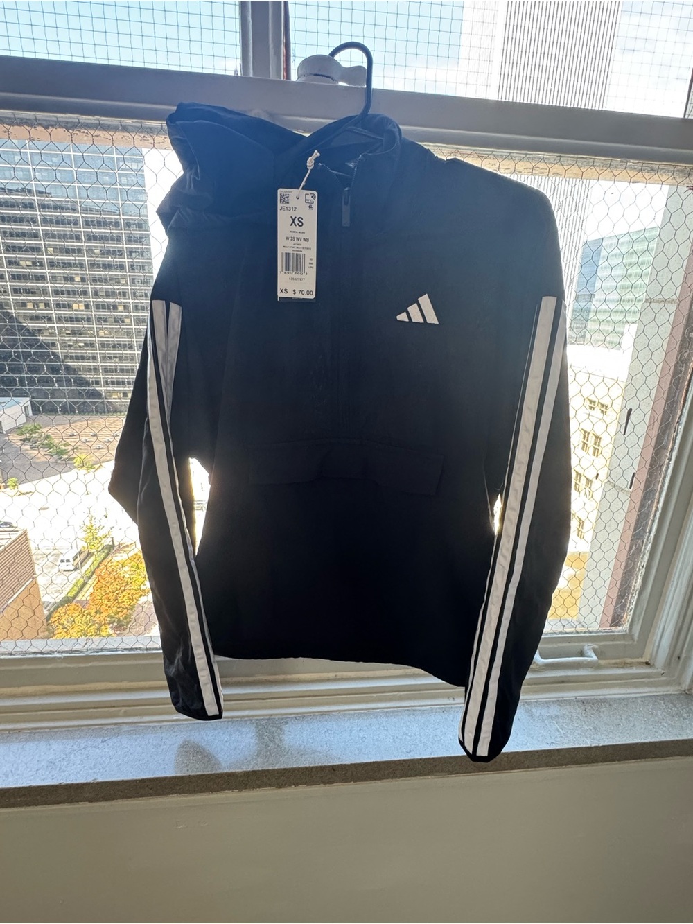 adidas Black Hooded Performance Jacket with White Stripes